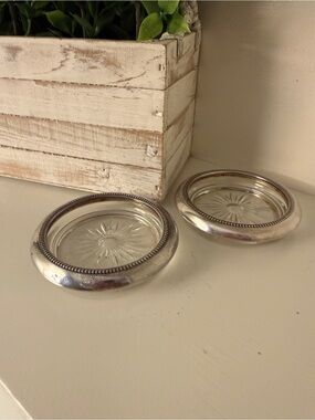 Vintage Leonard Italy Silverplate Glass Coasters Set of 2 Starburst Beaded Rim